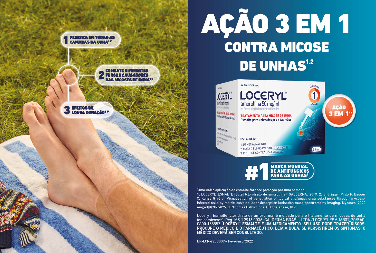 Explicação da ação de Loceryl e minibula do produto.